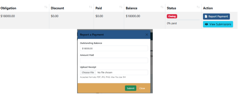 Payment reporting dashboard with receipts and statements