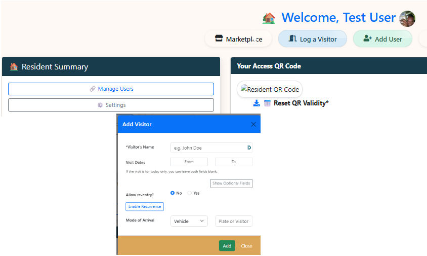 Visitor booking screen and gate log